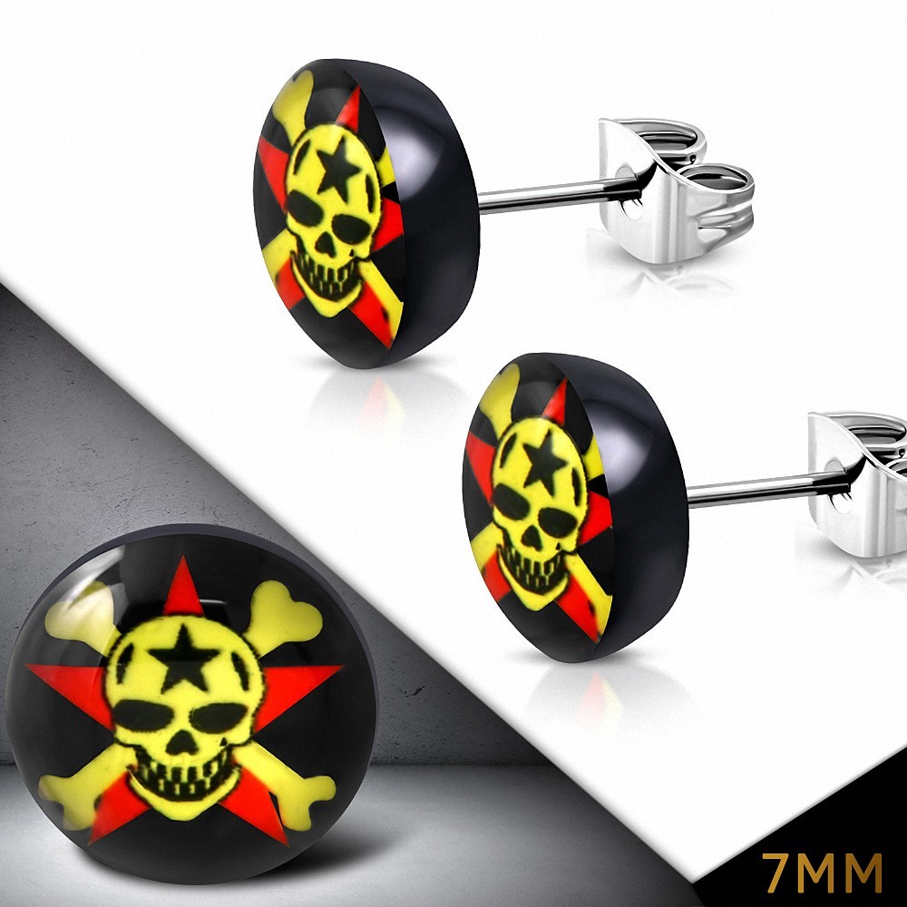 7mm | Boucles d'oreilles clous avec crâne en forme de tête de pirate en acier inoxydable à quatre tons