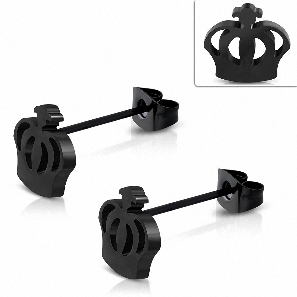 Boucles d'oreilles clous en couronne de princesse royale en acier inoxydable noir (paire)