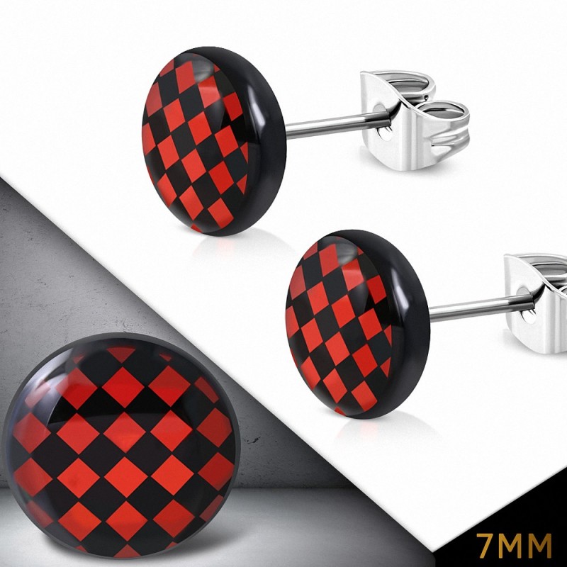 7mm | Boucles d'oreilles clous cercle à grille / damier en acier inoxydable à 3 tons (paire)