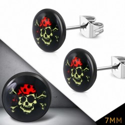 7mm | Boucles d'oreilles clous Evil Skull Circle en acier inoxydable à quatre tons (paire)