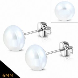 6mm | Boucles d'oreilles classiques en perles de perle blanche en acier inoxydable (paire)