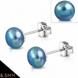 6.5mm | Boucles d'oreilles en perles de nuit classiques en acier inoxydable avec perle bleue (paire)