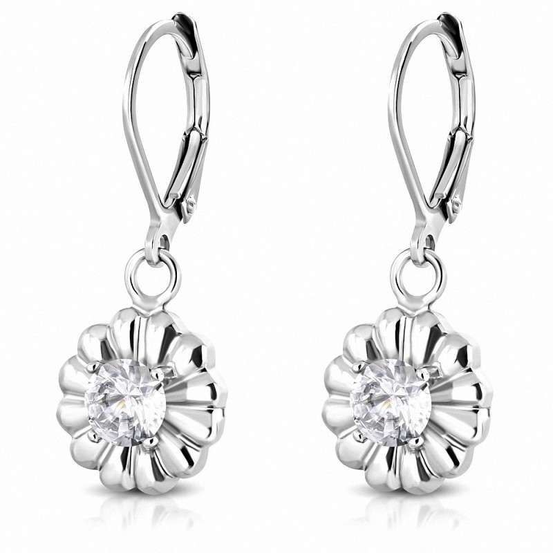 Boucles d'oreilles dormeuses à breloques avec fleurs en acier inoxydable avec CZ transparent (paire)