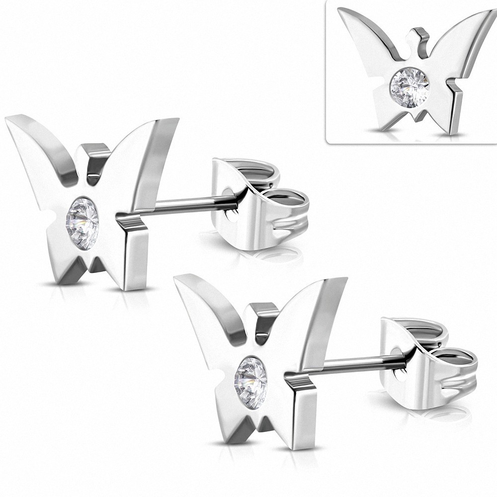 Boucles d'oreilles papillon en acier inoxydable avec CZ transparent (paire)