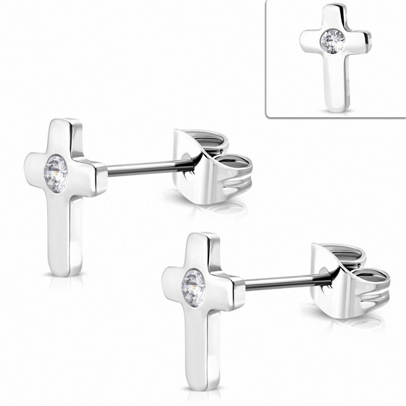 Boucles d'oreilles clous en acier inoxydable avec croix latine en acier inoxydable avec paire en zircone