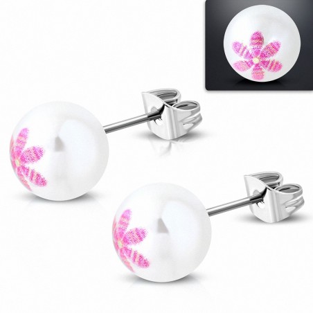 9.5mm | Boucles d'oreilles en acier inoxydable avec pendentif boule en perles blanches à 3 tons en acrylique blanc (paire)