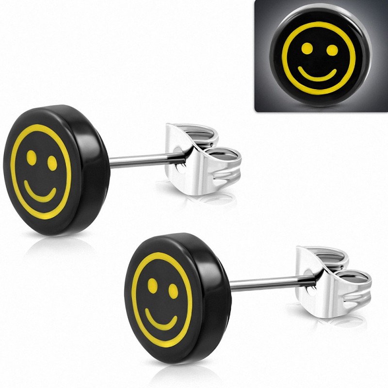 10mm | clous en acier inoxydable boucles d'oreilles en forme de cercle de smiley heureux souriant / émoticône en acrylique noir