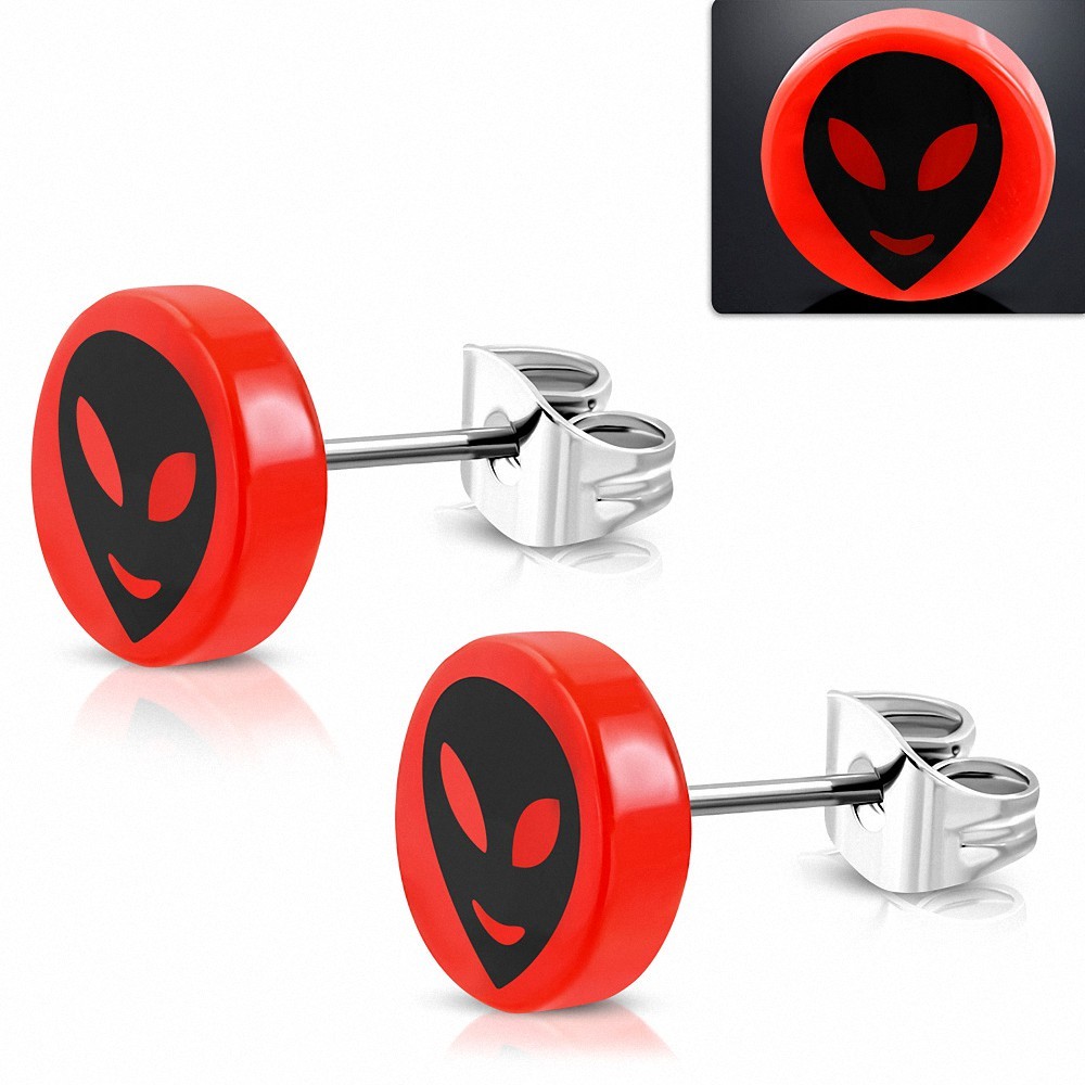 10mm | clous rond en acier inoxydable 3 tons en acrylique rouge avec pendentif visage alien (paire)