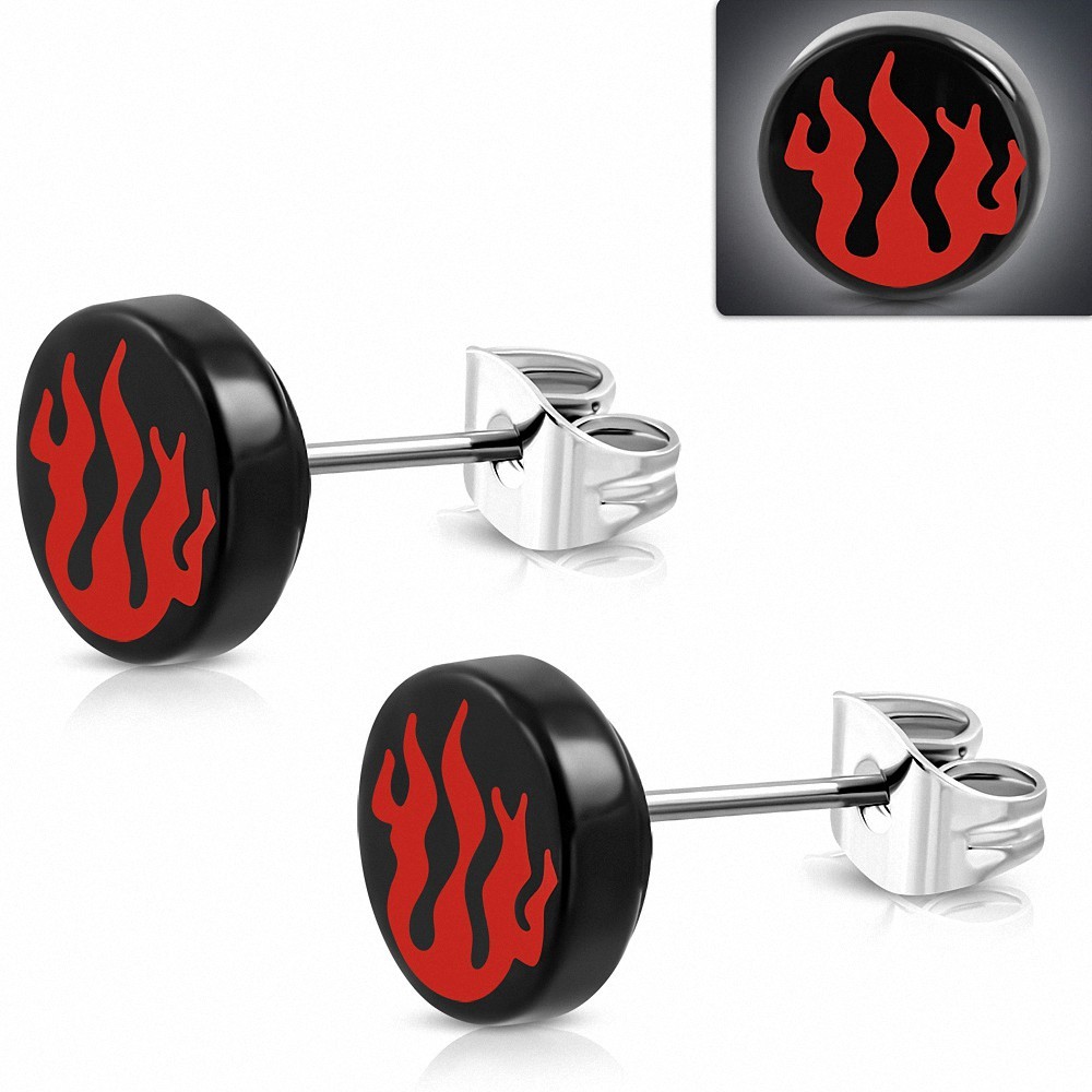 10mm | clous en acier inoxydable avec boucles d'oreilles cercle rond flammes / flammes en acrylique noir 3 tons (paire)