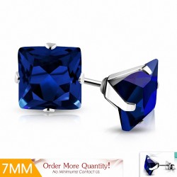 7mm | Boucles d'oreilles clous carrées en acier inoxydable avec capri bleu CZ (paire)