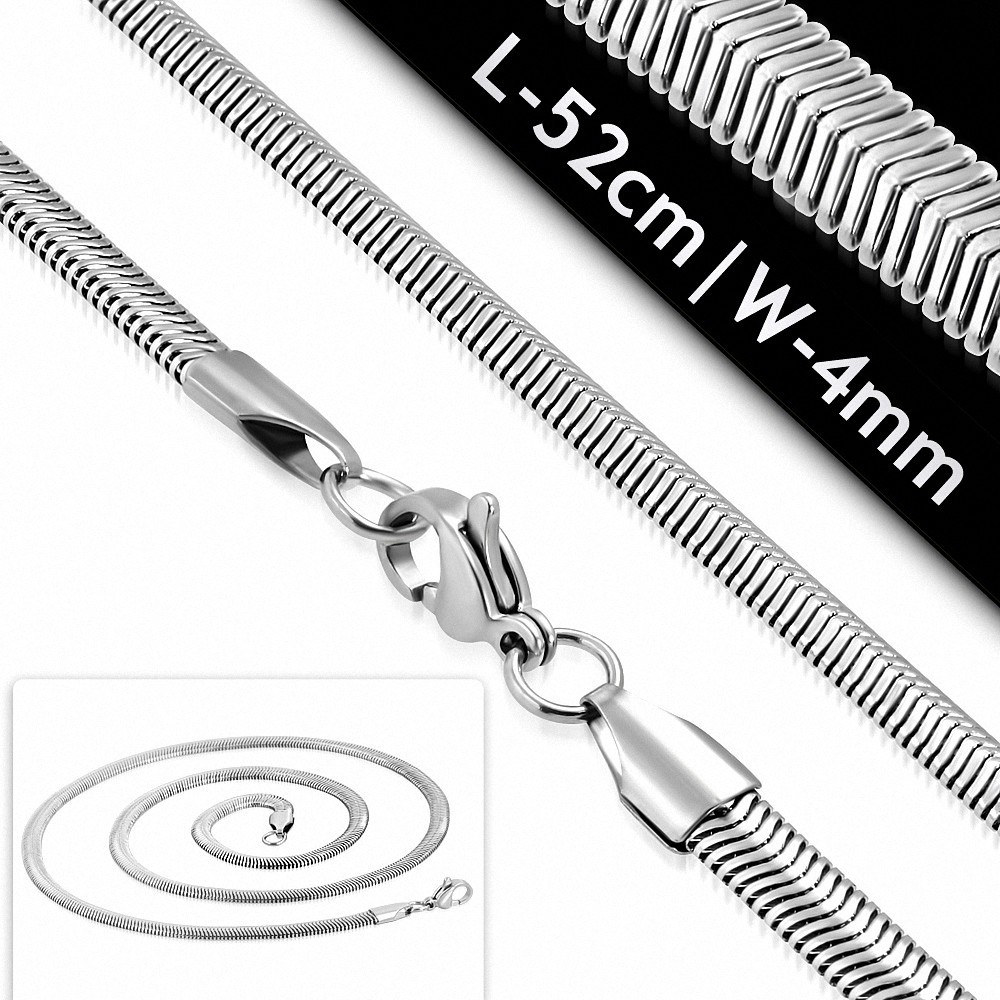 52cm x 4mm | Chaîne à maillons serpent plat avec fermoir mousqueton en acier inoxydable