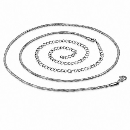 46cm x 2mm | Chaîne de rallonge à maillons serpents en acier inoxydable avec fermoir à pince de homard