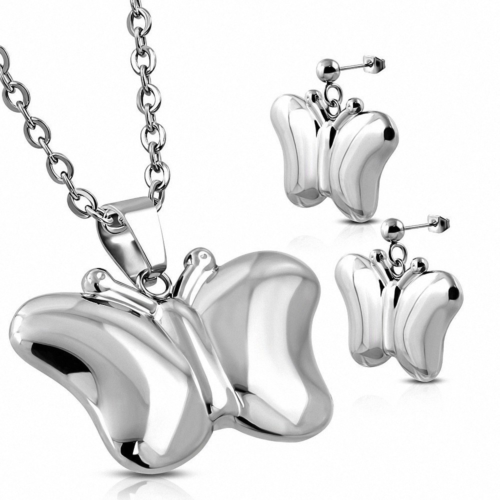 Pendentif papillon en acier inoxydable et paire de Boucles d'oreilles clous (SET)