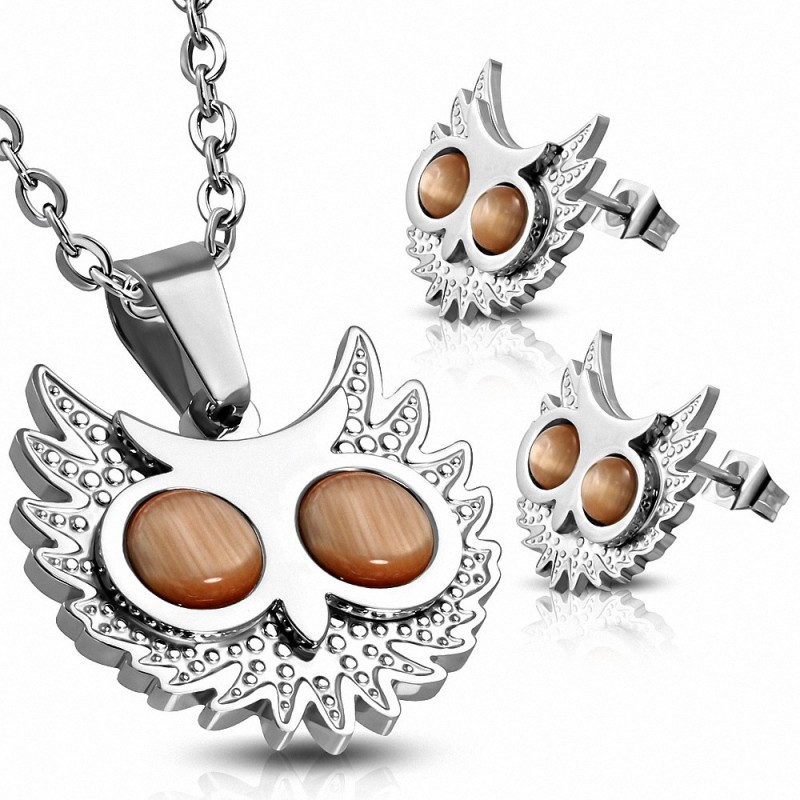 Pendentif chouette et yeux en acier inoxydable avec paire de Boucles d'oreilles clous avec pierre orange aux yeux de chat