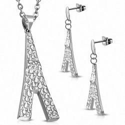 Pendentif tour Eiffel et paire de Boucles d'oreilles clous en acier inoxydable avec finition martelée (SET)