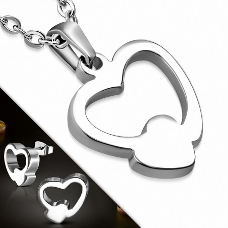 Pendentif en forme de coeur avec double amour en acier inoxydable et paire de Boucles d'oreilles clous (SET)