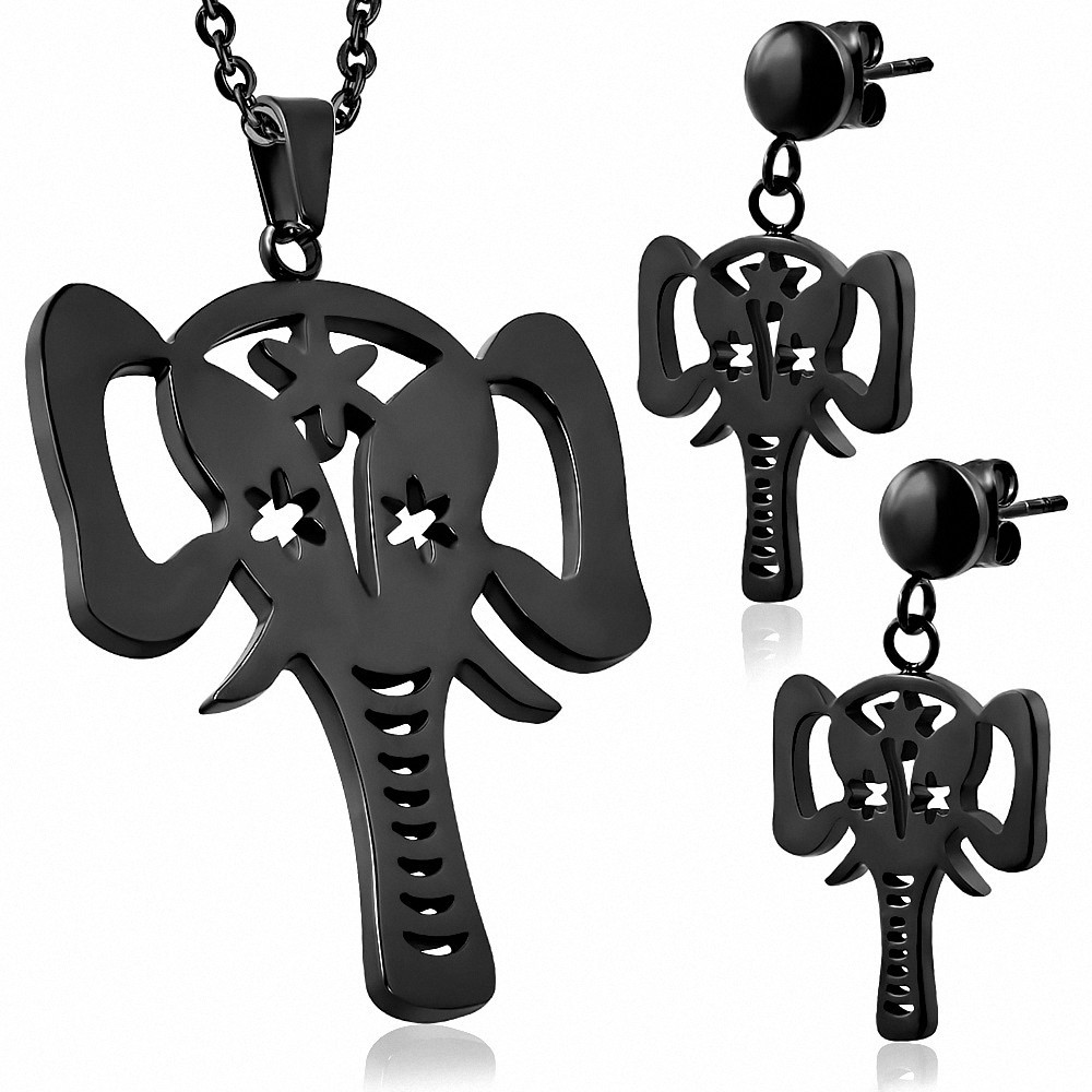 Pendentif breloque éléphant étoile découpée en acier inoxydable noir et paire de Boucles d'oreilles clous (SET)