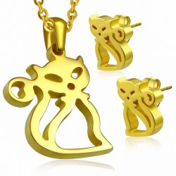 Pendentif en forme de charm de chat avec découpage en acier inoxydable doré et paire de Boucles d'oreilles clous