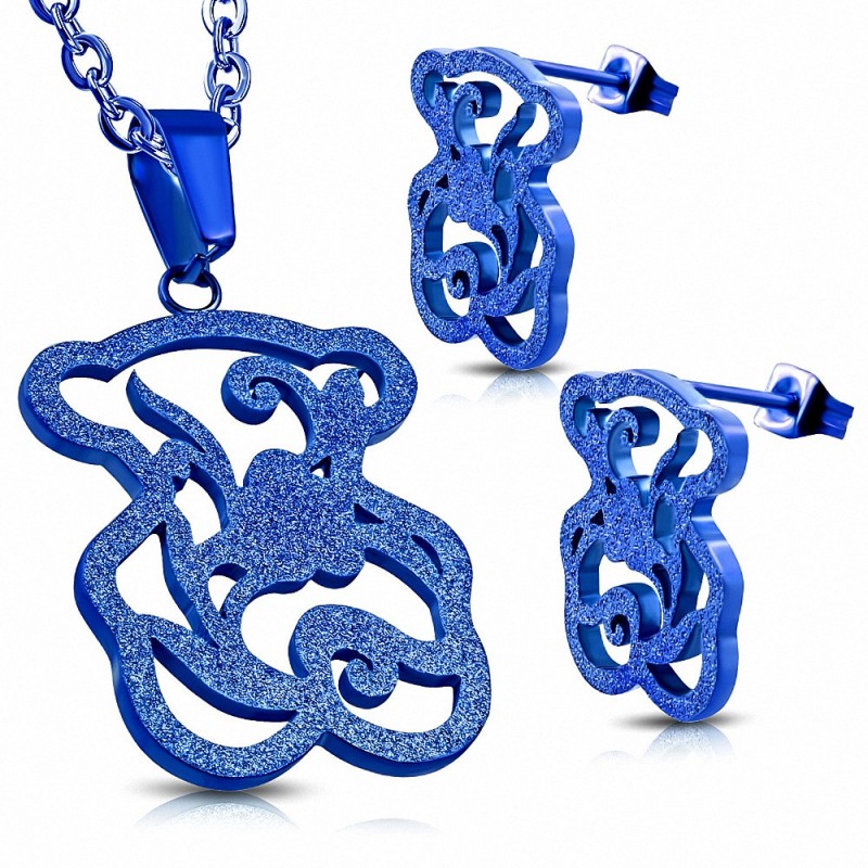 Fleur de vigne sablée bleue en acier inoxydable avec motif pendentif et paire de boucles d'oreilles (SET)