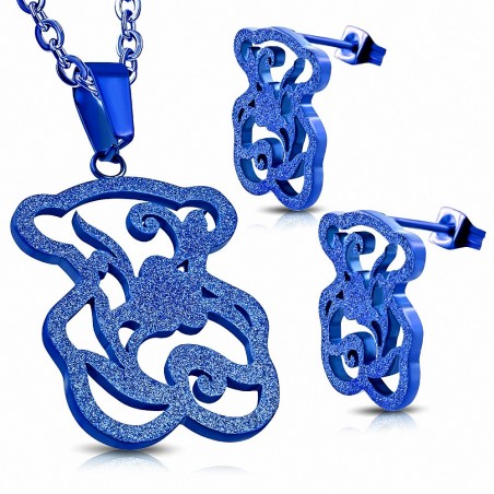 Fleur de vigne sablée bleue en acier inoxydable avec motif pendentif et paire de boucles d'oreilles (SET)