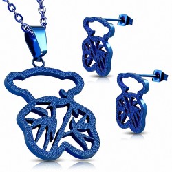 Pendentif Fantaisie Ours & Paire de Boucles d'Oreilles en Acier Inoxydable Bleu Sablé (SET)