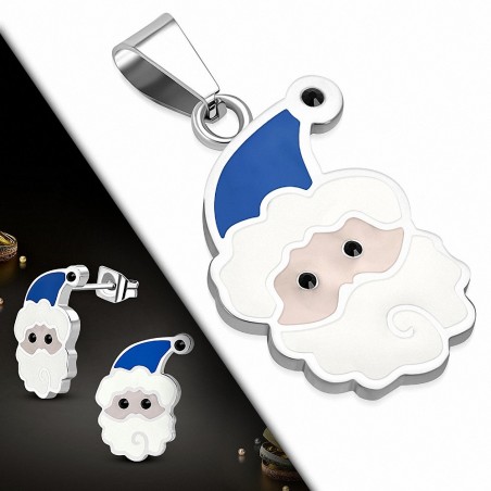 Pendentif Père Noël et Paire de Boucles d'oreilles clous en acier inoxydable émaillés blanc et bleu