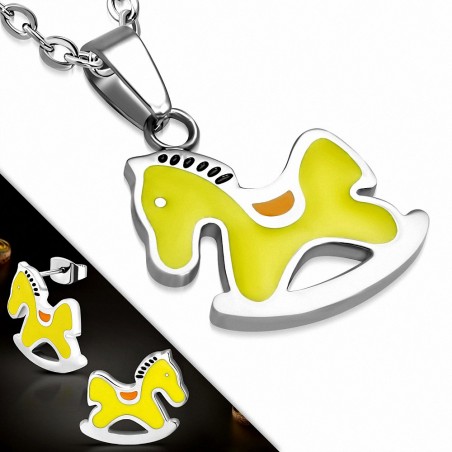 Pendentif Jouet pour bébé - Cheval à bascule en acier inoxydable émaillé jaune et paire de Boucles d'oreilles clous (SET)