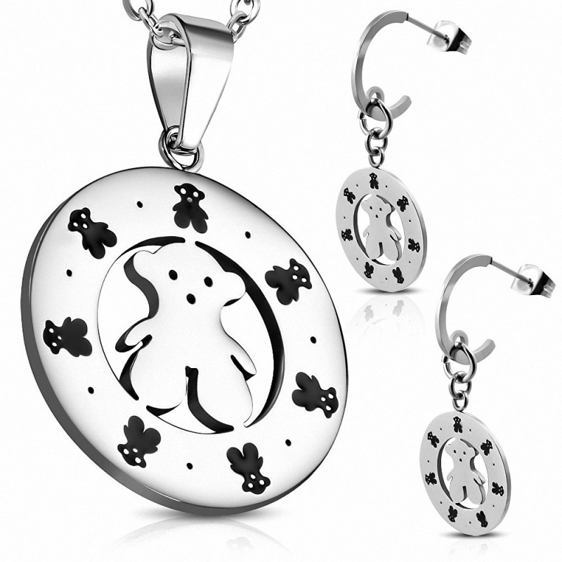 Pendentif en forme de cercle fantaisie teddy bear 2 tons en acier inoxydable et paire de Boucles d'oreilles clous