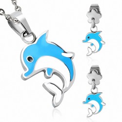 Pendentif avec pendentif dauphin sautant émaillé en acier inoxydable et paire de Boucles d'oreilles clous (SET)