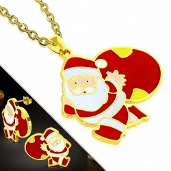 Plaqué de couleur Père Noël en acier inoxydable doré blanc et rouge avec pendentif cadeau et paire de boucles d'oreilles (SET)