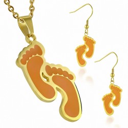 Pendentif en forme de charm acier inoxydable émaillé orange en acier doré avec paire de boucles d'oreilles à crochet long