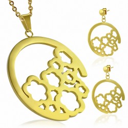Pendentif en forme de cercle de fleurs avec fleurs découpées en acier inoxydable doré et paire de Boucles d'oreilles clous