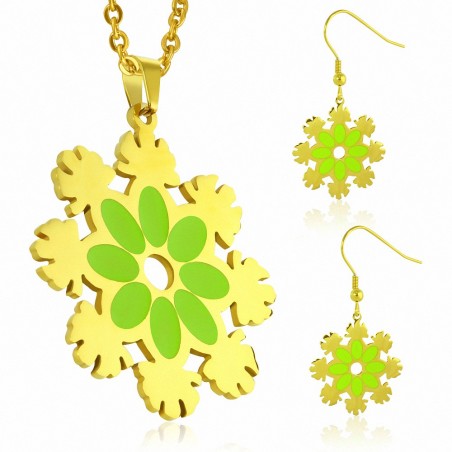 Pendentif en forme de fleur avec flocon de neige émaillé vert en acier inoxydable doré et  boucles d'oreilles à crochet long