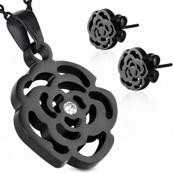 Pendentif en forme de fleur de rose en filigrane en acier noir et paire de Boucles d'oreilles clous avec CZ transparent