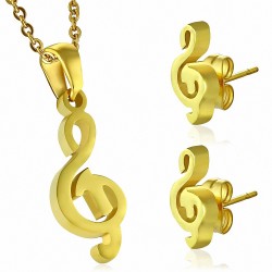 Pendentif en forme de breloque note musicale avec clef de sol en acier doré et paire de Boucles d'oreilles clous