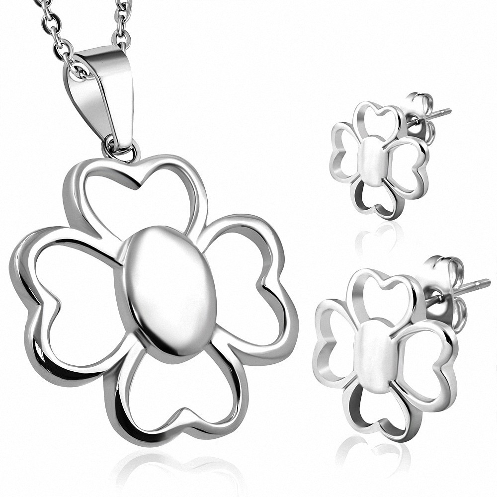 Pendentif en forme de breloque avec fleur de trèfle coeur en acier inoxydable et paire de Boucles d'oreilles clous