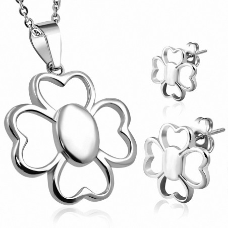 Pendentif en forme de breloque avec fleur de trèfle coeur en acier inoxydable et paire de Boucles d'oreilles clous