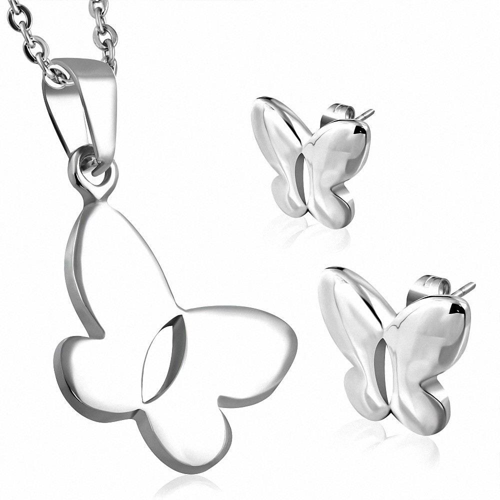 Pendentif en forme de papillon en acier inoxydable et paire de Boucles d'oreilles clous (SET)