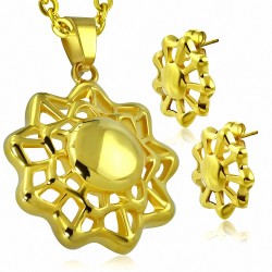 Pendentif en forme de fleur avec pendentif en acier inoxydable plaqué en couleur doré et paire de Boucles d'oreilles clous
