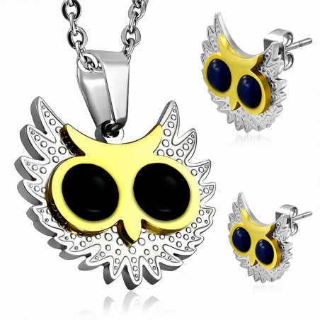 Pendentif breloque hibou et gros yeux avec deux yeux en acier inoxydable et pierre noire avec yeux de chats noirs (SET)