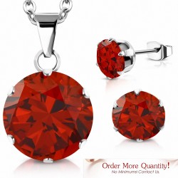 Collier en acier inoxydable avec pendentif cercle et chaîne et paire de Boucles d'oreilles clous avec lumière rouge CZ (SET)