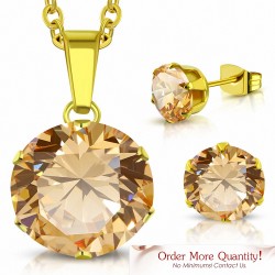 Collier chaîne en acier inoxydable doré et paire de Boucles d'oreilles clous avec topaze zirconium