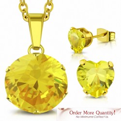 Collier en chaîne en acier inoxydable doré et paire de Boucles d'oreilles clous en forme de cœur d'amour avec CZ jaune