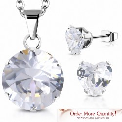 Collier à pendentif cercle en acier inoxydable avec pendentif cercle d'amour et pendentif cœur d'amour avec cZ transparent (SET)