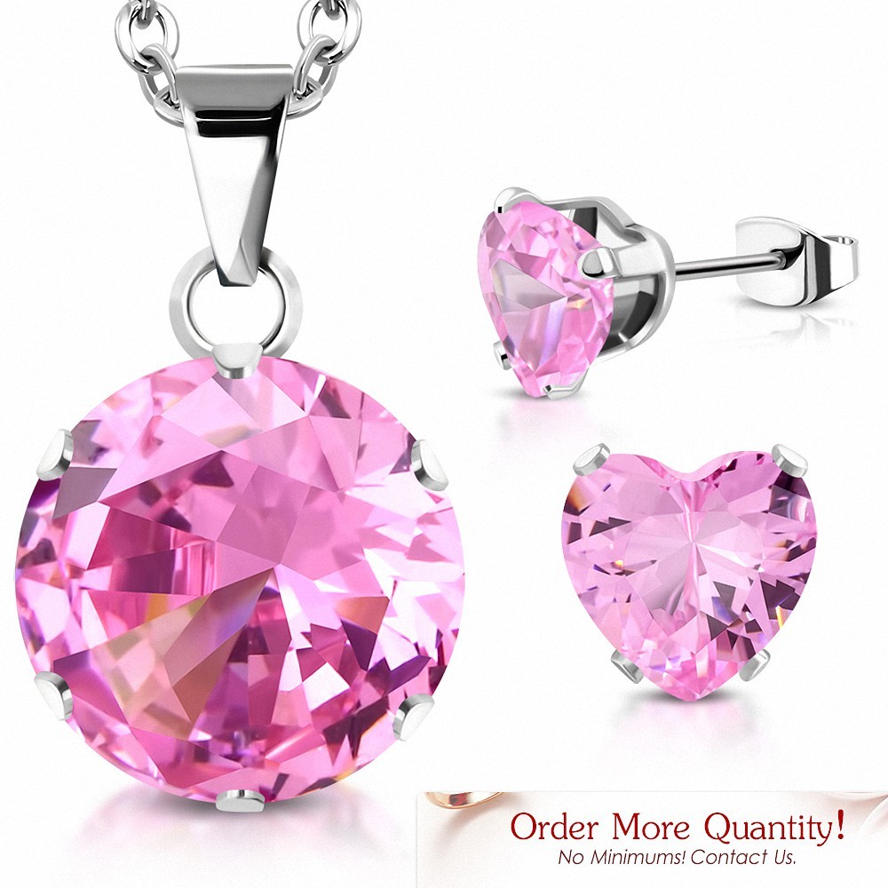 Collier à pendentif cercle en acier inoxydable avec pendentif cercle d'amour et pendentif cœur d'amour avec rose CZ (SET)