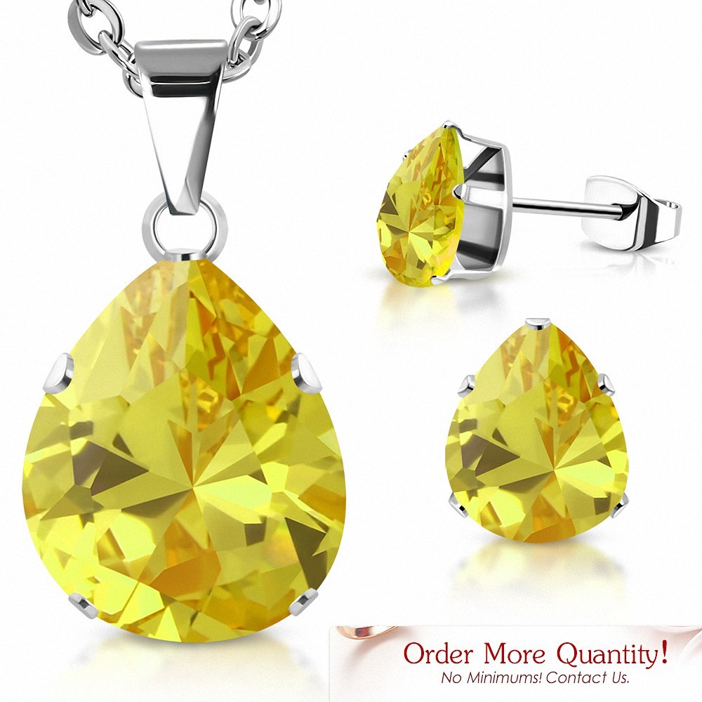 Collier en acier inoxydable avec pendentif et larme et paire de Boucles d'oreilles clous avec CZ jaune