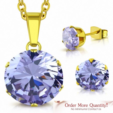 Chaîne à pendentif cercle rond en acier inoxydable doré avec pendentif et boucles d'oreilles avec mauve pâle / violet CZ (SET)