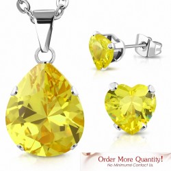 Collier à pendentif en forme de larme en acier inoxydable et paire de Boucles d'oreilles clous cœur d'amour CZ jaune