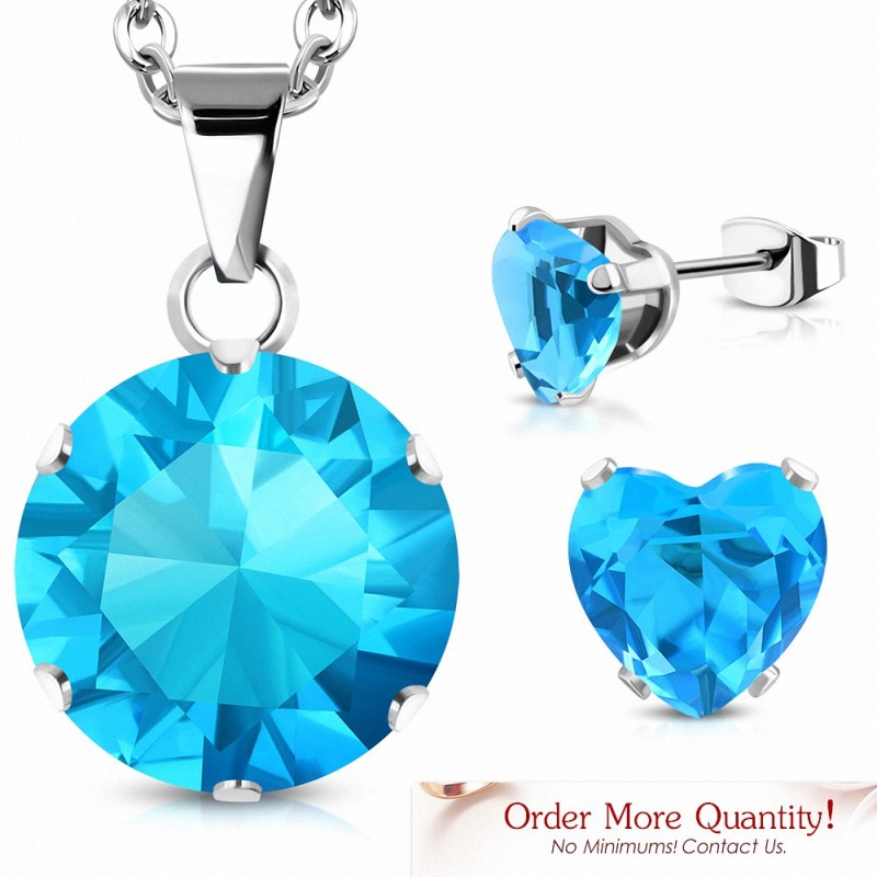 Pendentif en acier inoxydable cercle entouré de breloques et paire de coeurs d'amour avec bleu ciel / aigue-marine CZ (SET)