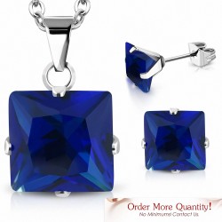 Collier à pendentif carré en acier inoxydable avec pendentif et chaîne en acier inoxydable avec capri bleu CZ (SET)